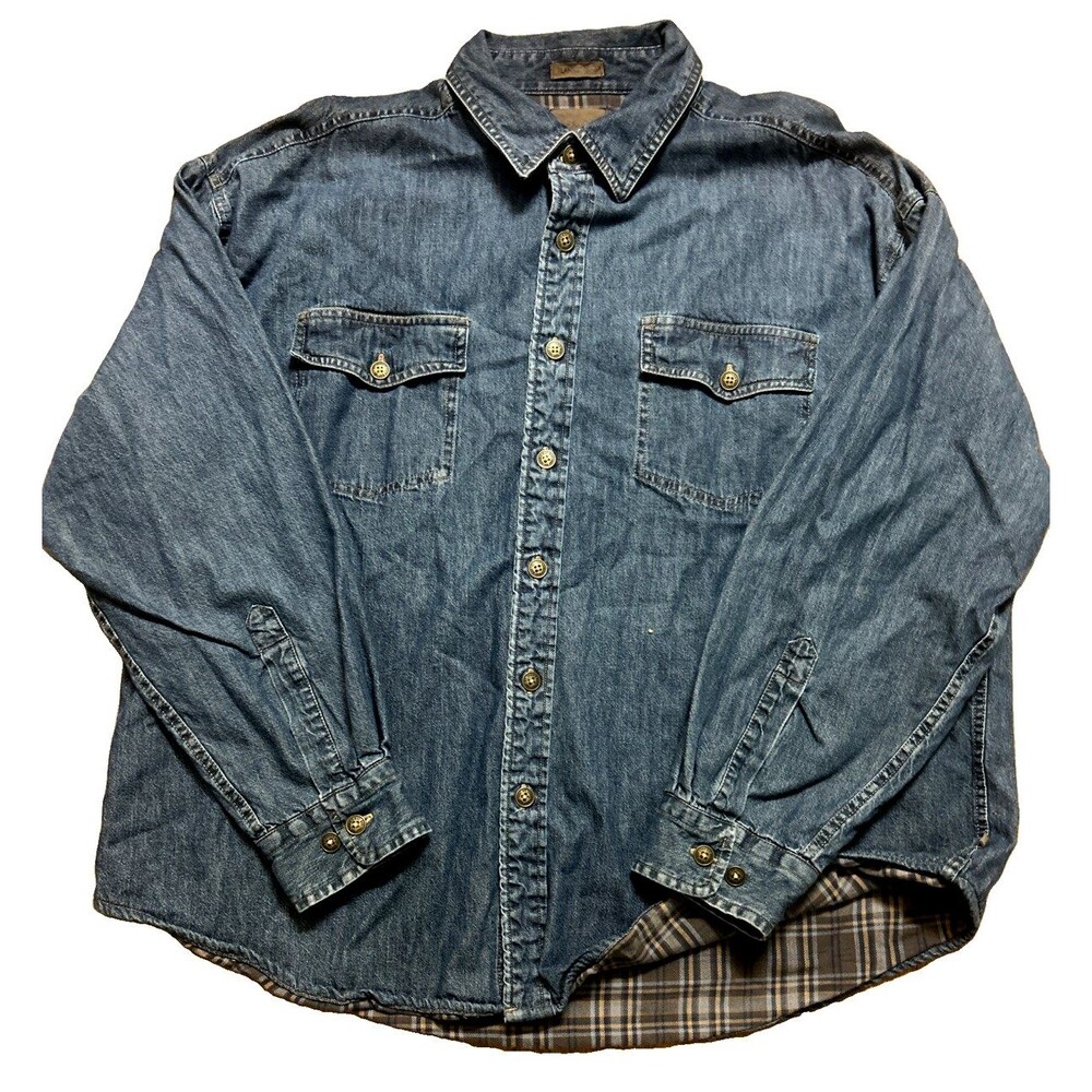 VTG St Johns Bay Flannel Lined  Men XXL Blue Denim Button Up Cotton Shacket